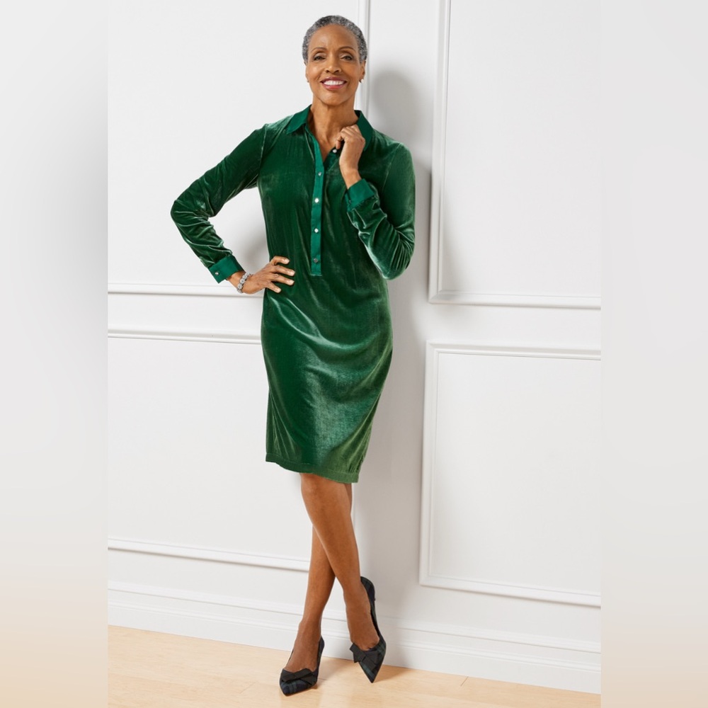 Talbots Petite Velvet Popover Shirtdress Emerald Green PXL NWT